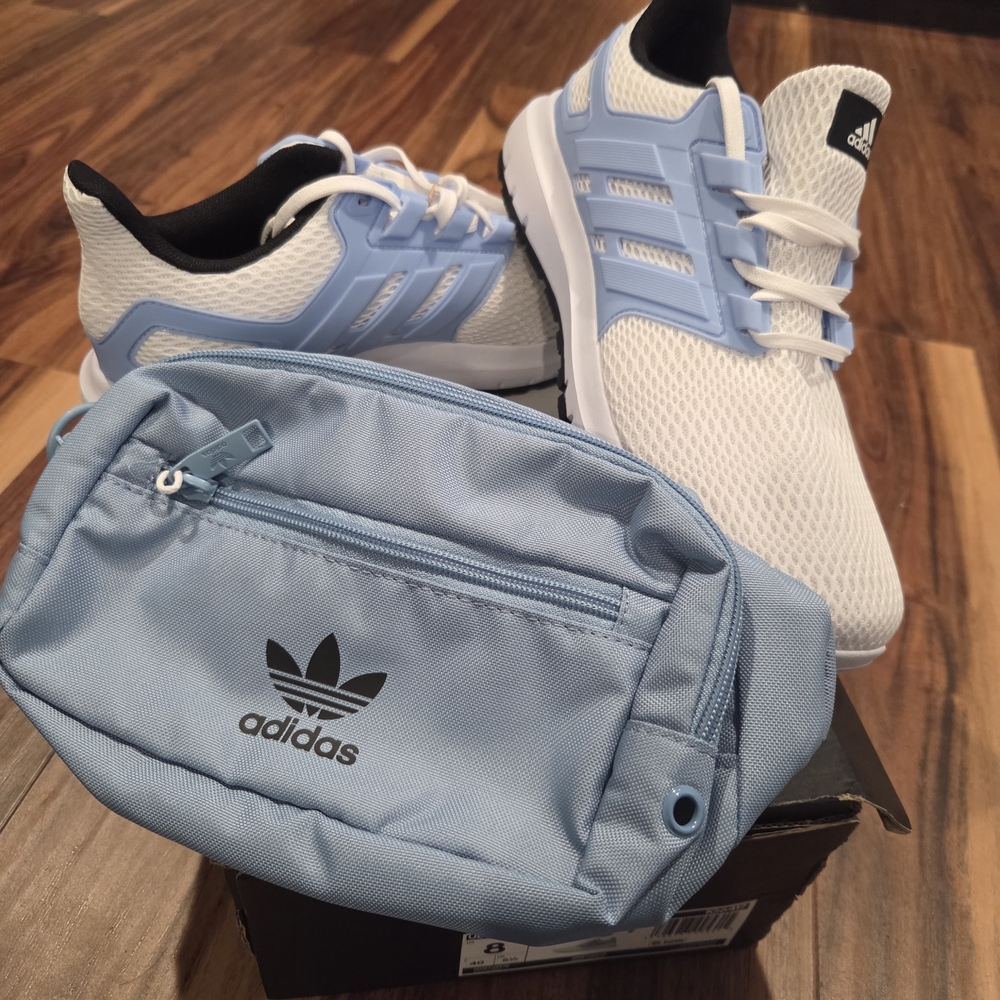 Adidas White and Blue Sneakers with Matching Belt Bag